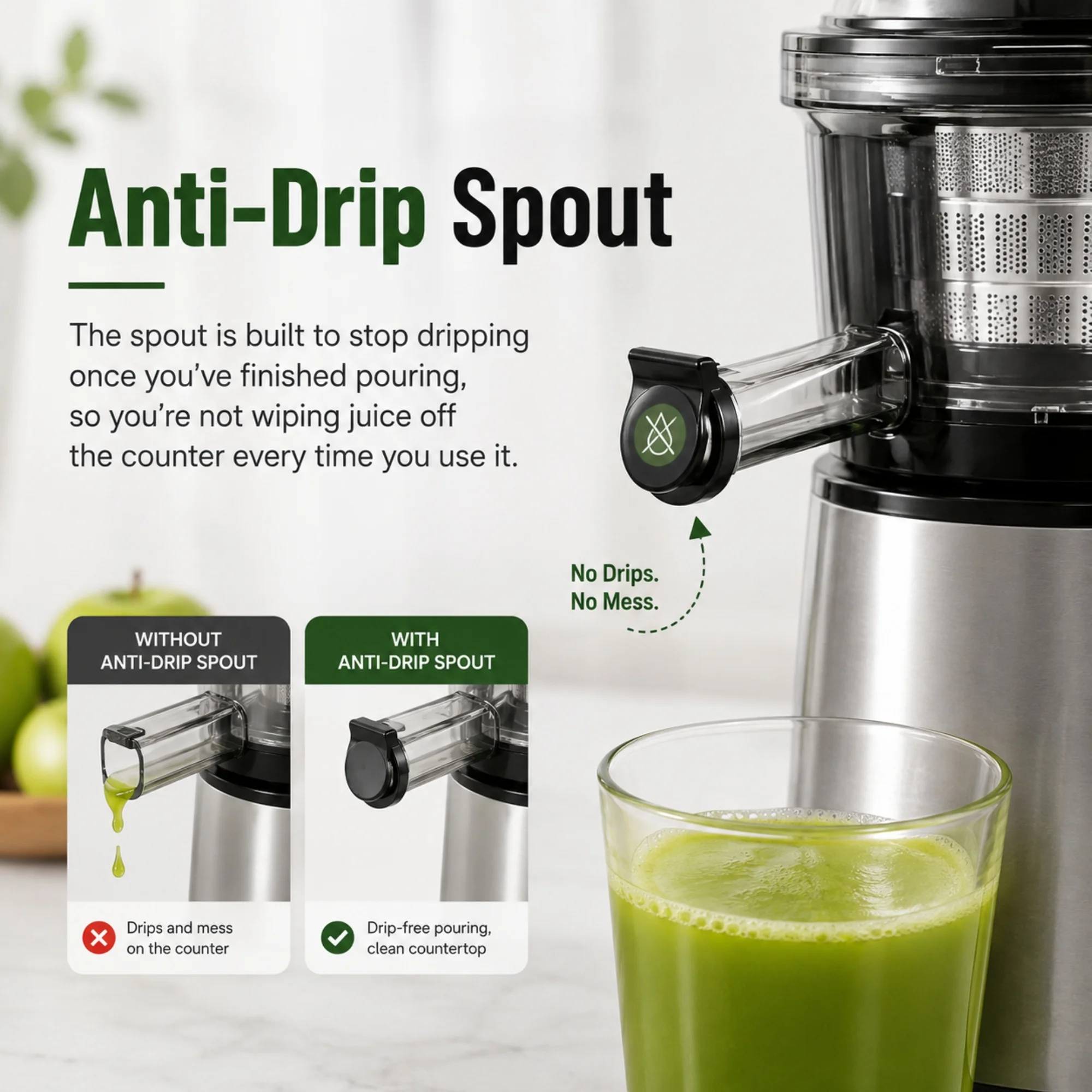 Cold press juicer anti-drip spout