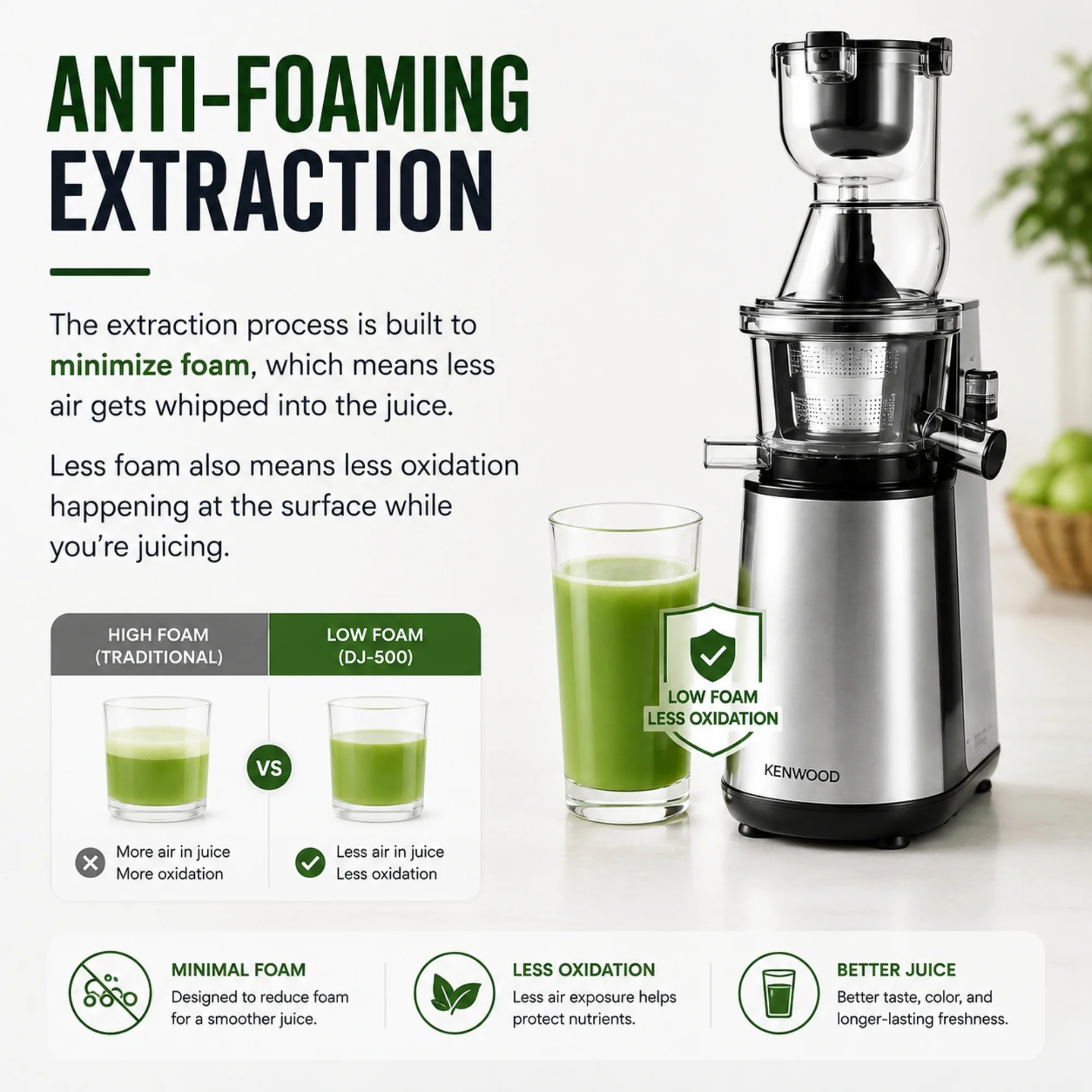 Cold press juicer anti-foaming extraction