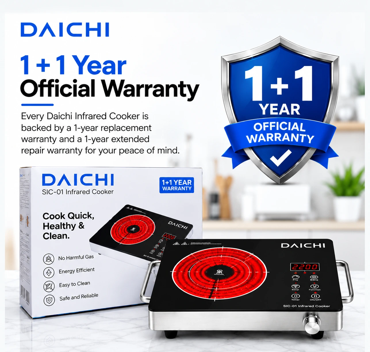 DAICHI SIC-01 infrared cooker with 1-year replacement and 1-year extended repair warranty in Pakistan.