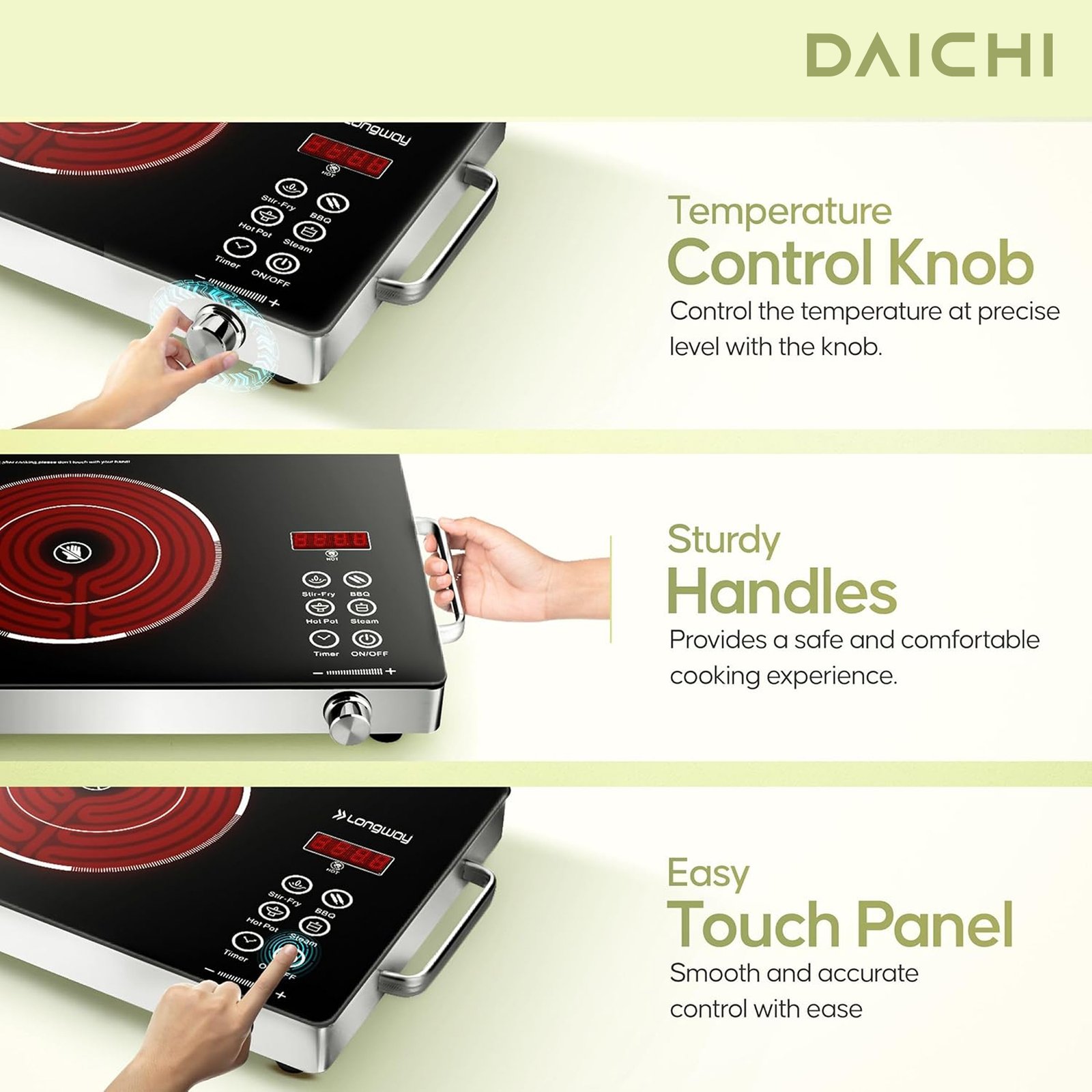 DAICHI cooker controls, handles, and touch panel